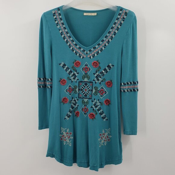 Caite Embroidered Tunic Top Women's S Teal Green V-Neck Curved Hemline Boho Long - Picture 1 of 8